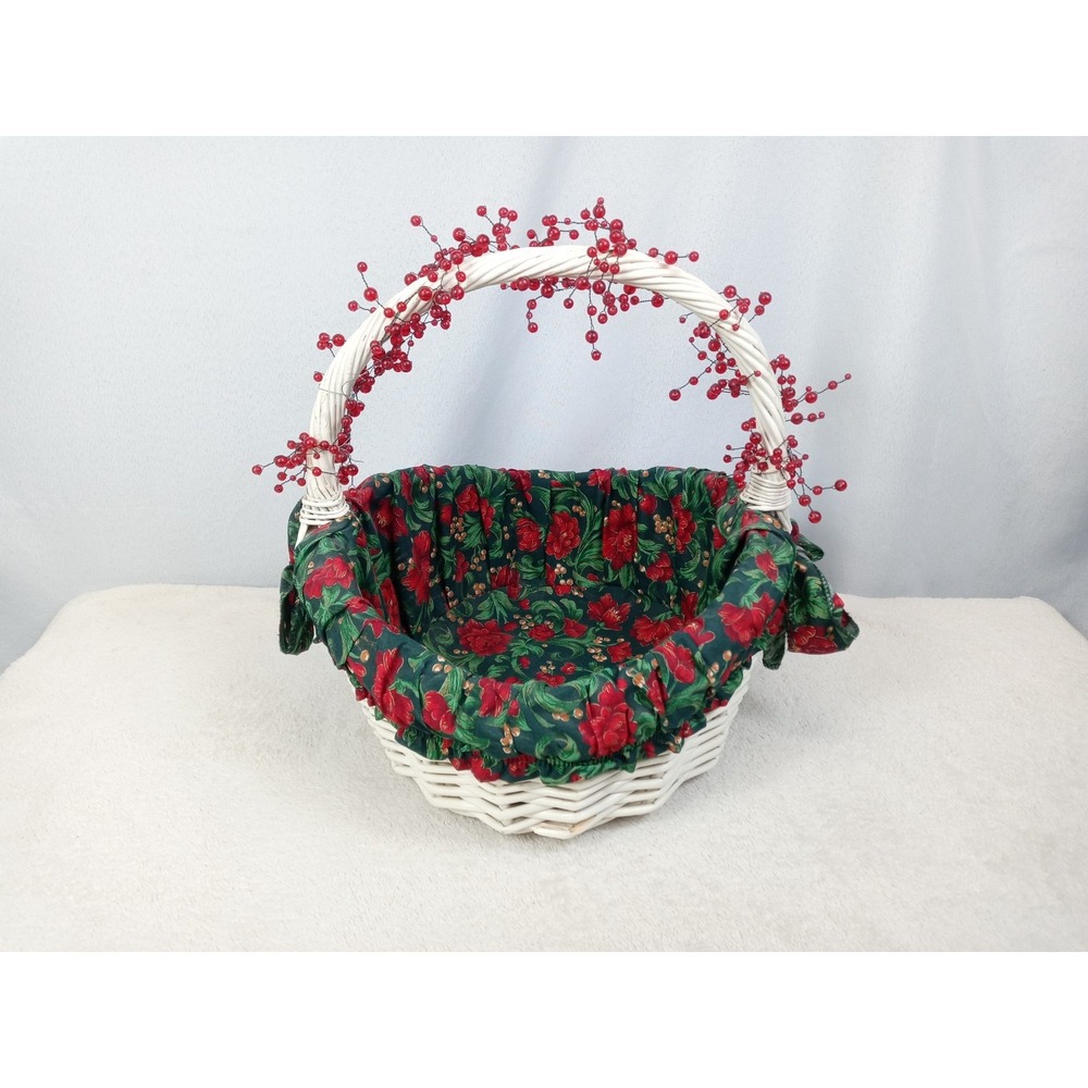 White Wicker Christmas Basket Red Berry Handle Poinsettia Liner Holiday Decor